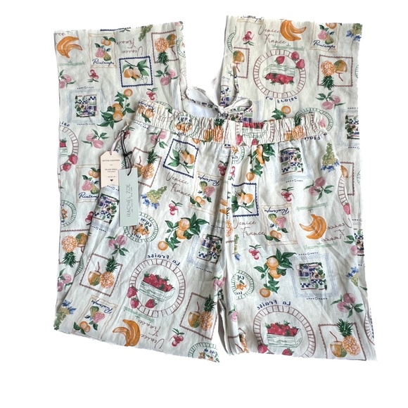 New Rachel Zoe Linen Blend Pants Sz S Wide Leg Cream & Green Tropical Fruit NWT - Picture 8 of 8